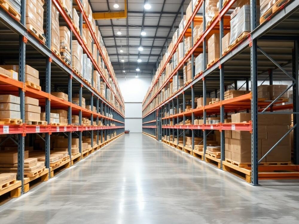 Warehouse aisle following a ride-on scrub